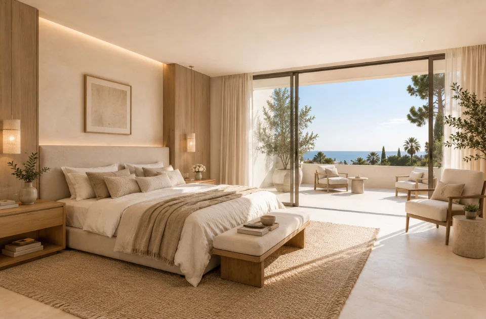 Dormitorio principal de estilo mediterráneo contemporáneo con madera clara, tonos beige y grandes ventanales