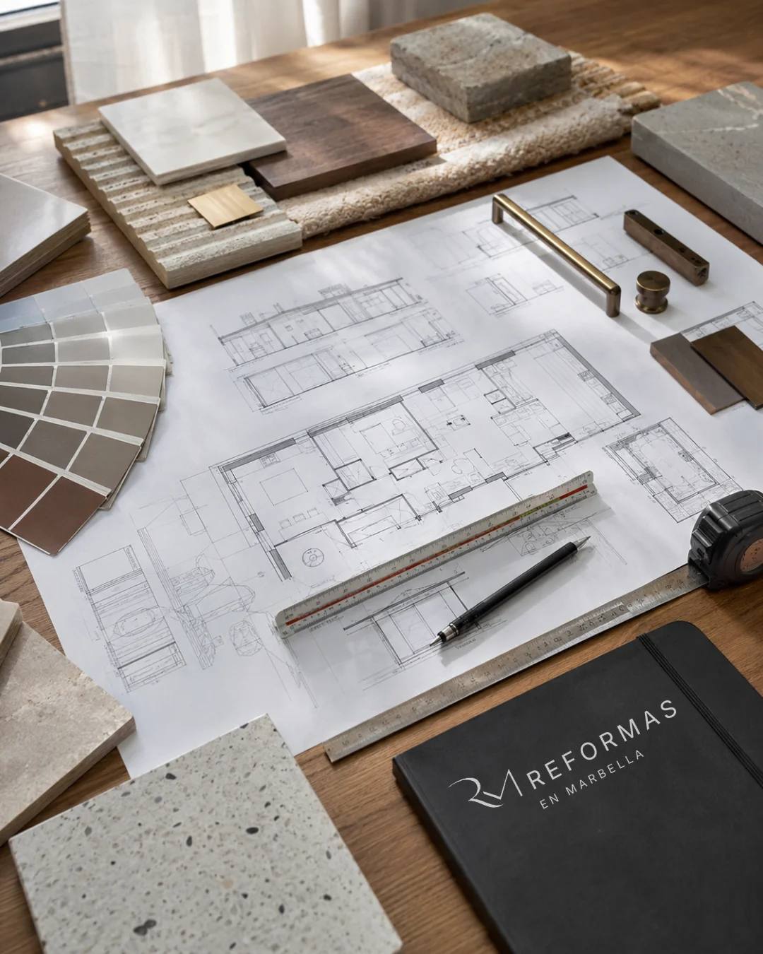 Mesa de trabajo con plano arquitectónico, muestras de piedra y madera y herramientas de planificación para una reforma