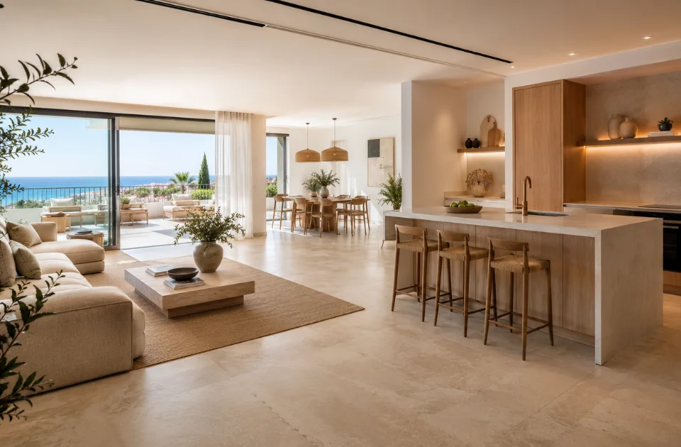 Salón con cocina abierta y grandes ventanales de estilo mediterráneo