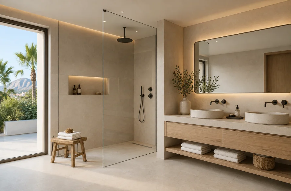 Baño contemporáneo con ducha a ras de suelo y doble lavabo