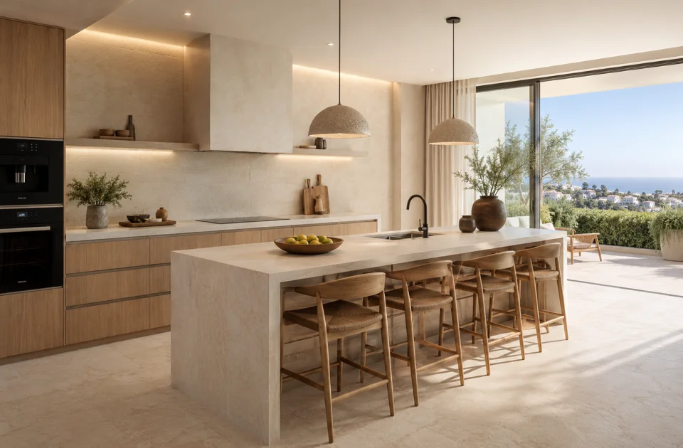 Cocina contemporánea con isla central y acabados en madera