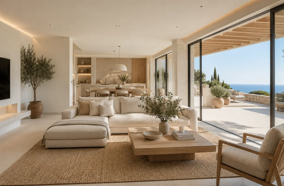 Salón contemporáneo de estilo mediterráneo con vistas al mar