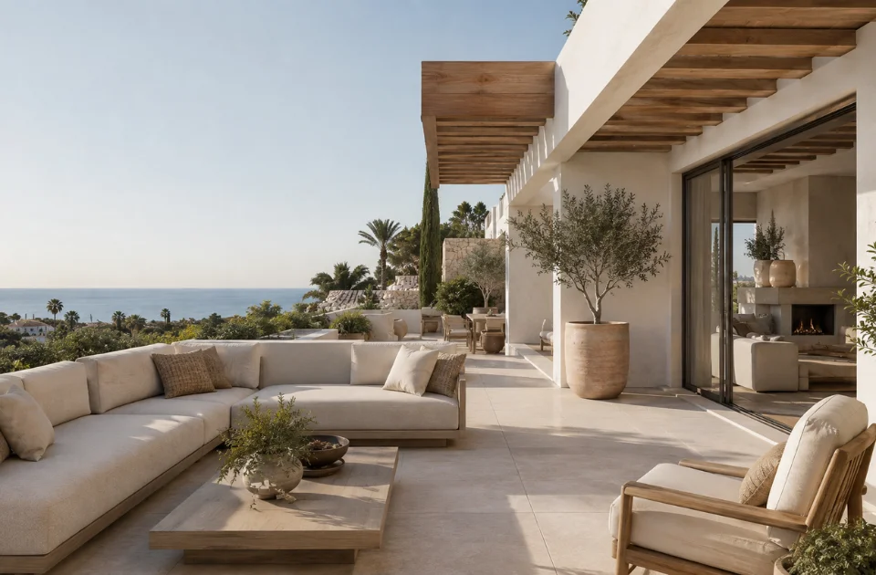 Terraza de villa de estilo mediterráneo con zona de estar y vistas al mar